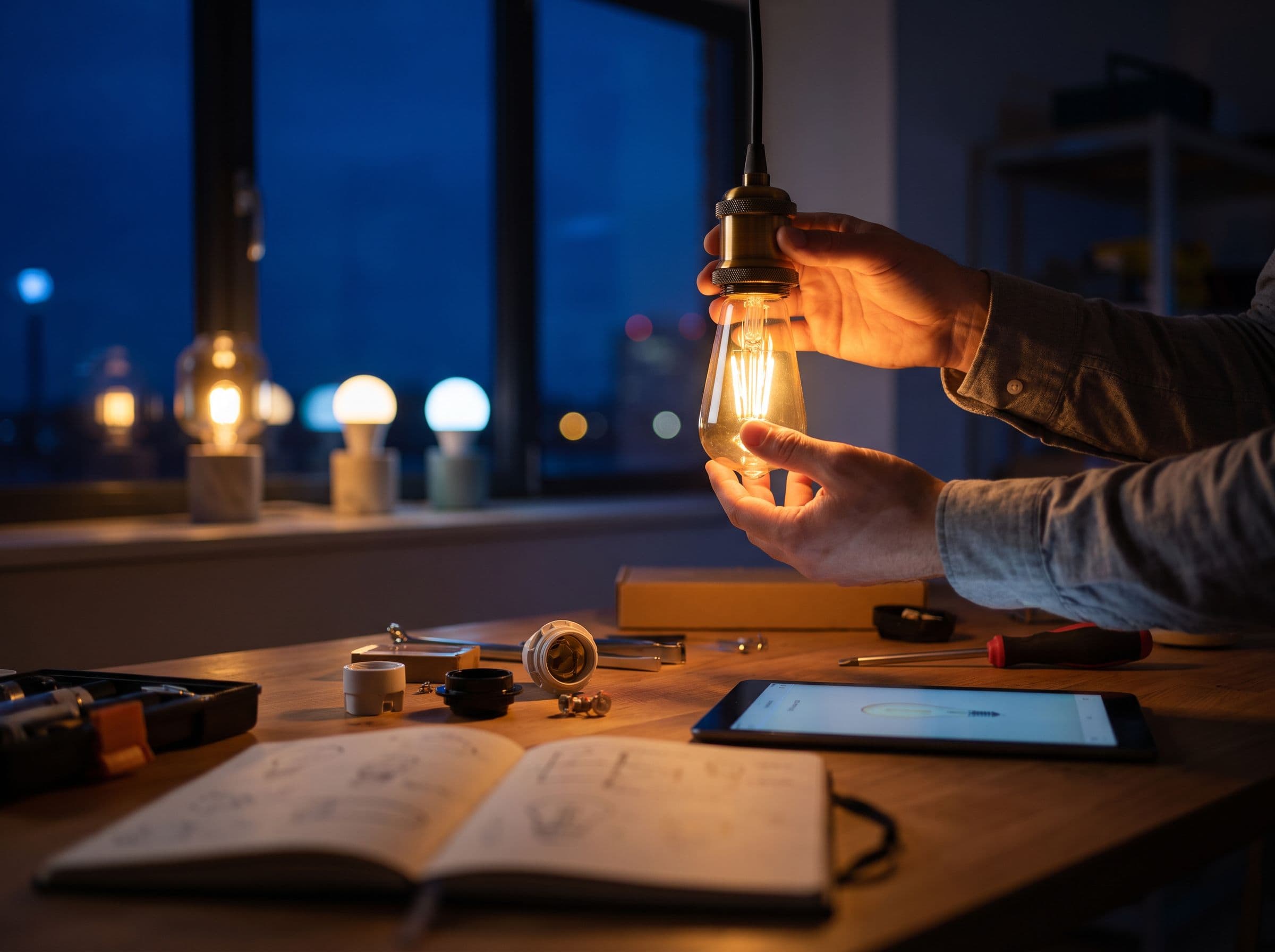 Un salon éclairé par une ampoule connectée